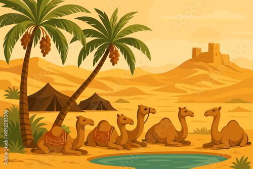 Desert oasis illustration with camels resting under palm trees near tents and a distant castle