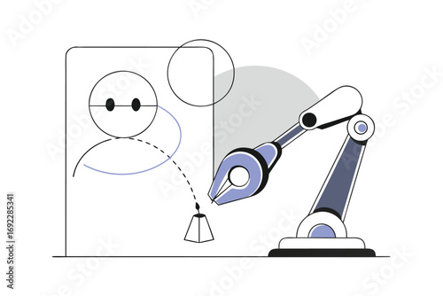 Illustration of a robotic arm is assembling a simplified human figure with geometric shapes