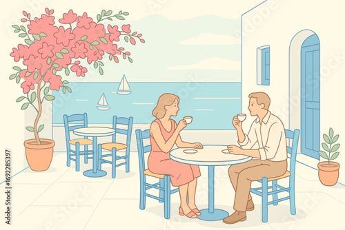 Romantic couple enjoying coffee at seaside cafe terrace with ocean view and Mediterranean architecture illustration