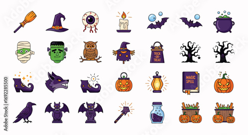 A comprehensive collection of isolated Halloween-themed pixel art icons, perfect for spooky celebrations, party invitations, and festive digital designs.