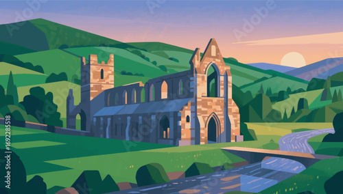 illustration of monastery ruins surrounded by landscape background vector design template