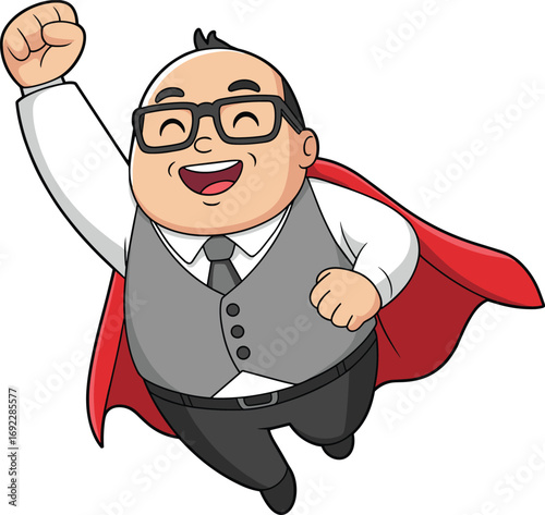 Happy cartoon businessman flying like superhero, wearing glasses, red cape, confident expression, success, motivation, leadership, character vector illustration