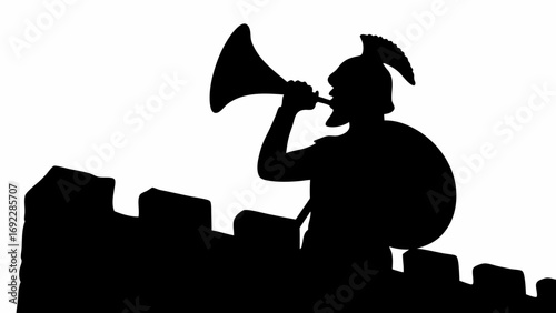 Silhouette of a spartan soldier blowing a horn while standing on a castle wall in black and white style
