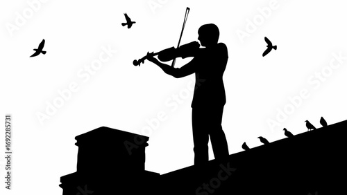 Silhouette of a violinist playing on a rooftop with birds flying around in a monochrome illustration