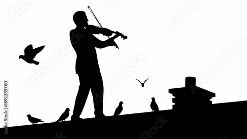Silhouette of a violinist on a rooftop with birds flying around in a monochromatic illustration