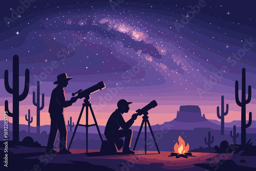 Night sky stargazing with telescopes in desert landscape under Milky Way and star-filled sky