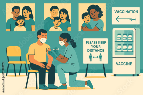 Healthcare worker administering vaccine in clinic with social distancing signs and family portraits