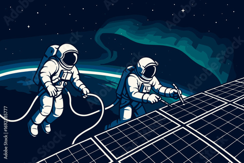 Astronauts performing spacewalk maintenance on solar panels with Earth and aurora in background