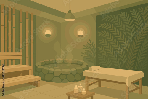 Serene spa interior with massage table, hot stone jacuzzi, candles, and bamboo decor in warm ambient lighting