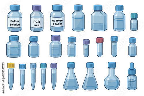 Collection of laboratory bottles, reagent containers, and sample tubes with colorful caps for scientific and medical research illustrations