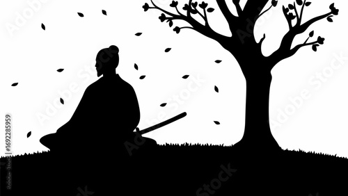 Silhouette of a samurai meditating under a tree with falling leaves in a serene landscape view scene