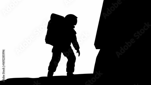 Silhouette of an astronaut with backpack walking towards a dark rock formation in a stark landscape