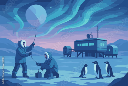 Two researchers launch a weather balloon in the Arctic while observing penguins at their research station under auroras