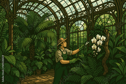 Gardener pruning orchids in a lush greenhouse with sunlight filtering through glass panels
