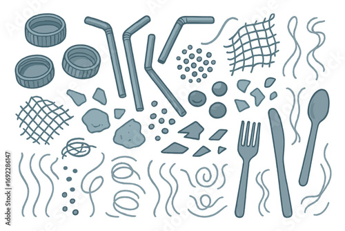Various types of plastic pollution scattered across a surface highlighting the environmental impact of single-use items