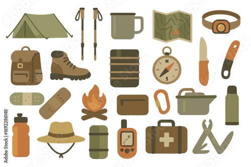 Outdoor camping gear essentials including tent, backpack, and cooking tools for adventure enthusiasts