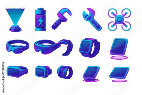 Collection of futuristic technology icons featuring virtual reality gear, gadgets, and tools for innovation