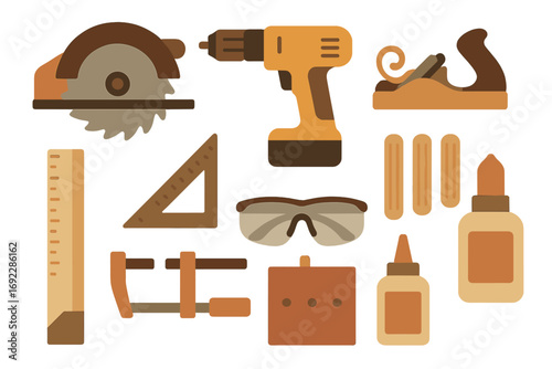 Tool assortment for woodworking and DIY projects displayed in a variety of shapes and colors