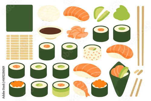 Variety of sushi and sushi ingredients for a delicious meal preparation