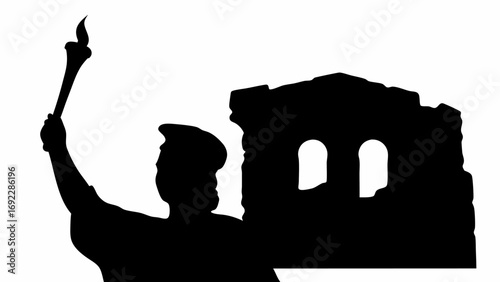 Silhouette of a person holding a torch with a building ruin in the background in black and white
