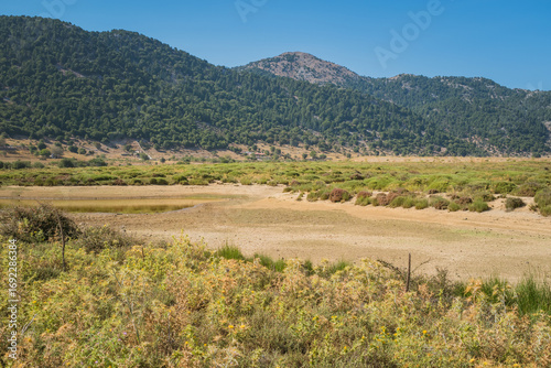 Climate change issue, lake drying in Omalos village in Crete White mountains