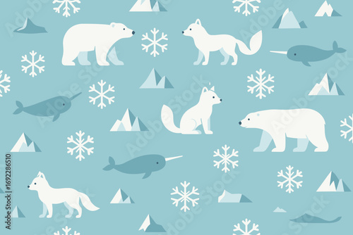 Winter landscape featuring polar animals and icy mountains in a playful design with cool colors