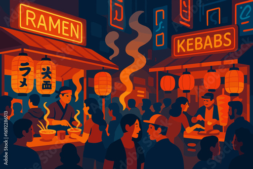 Vibrant night market featuring ramen and kebab stalls with a crowd enjoying street food