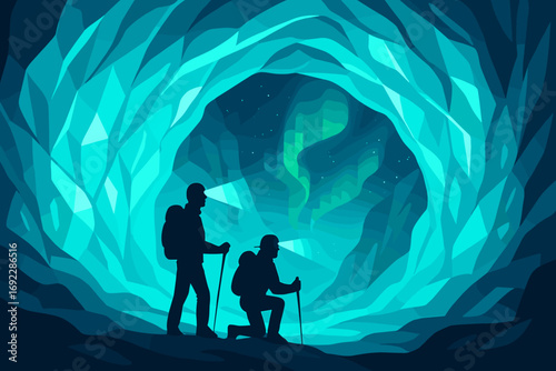 Exploring a cave with auroras illuminating the night sky in a serene wilderness setting