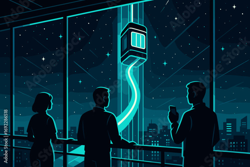 Spectacular view of city skyline at night with futuristic elevator rising through the stars