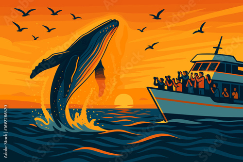 Humpback whale breaches near a boat during sunset, creating a breathtaking wildlife moment