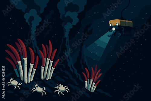Exploring deep ocean habitats with submarines and crabs in vibrant marine ecosystems at hydrothermal vents