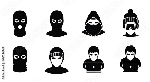 Set of hacker and thief icons with masks