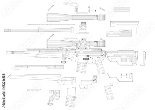 Modern sniper rifle blueprint with detailed wireframe scope and barrel components on a clean white background.