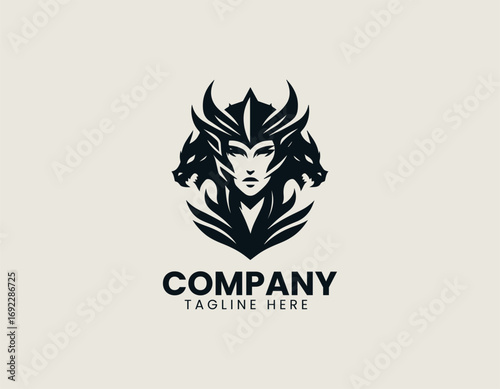 Female viking head illustrated as bold warrior vector logo in minimal strong traditional heroic design style