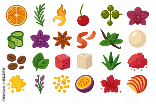 Colorful assortment of fruits, herbs, and spices displayed on a white background, suitable for culinary inspiration or educational purposes