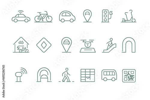 Various transportation icons depicting mobility options for urban environments and commuting activities