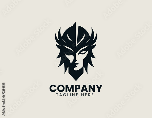 Female viking head illustrated as bold warrior vector logo in minimal strong traditional heroic design style