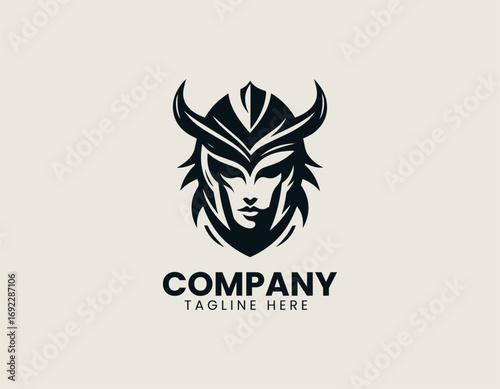 Female viking head illustrated as bold warrior vector logo in minimal strong traditional heroic design style