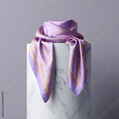 Elegant Lavender Silk Scarf with Geometric Pattern on Marble Display