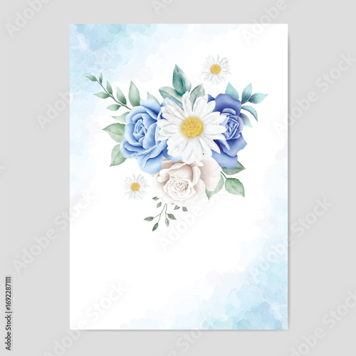 wedding invitation card with navy blue flower watercolor