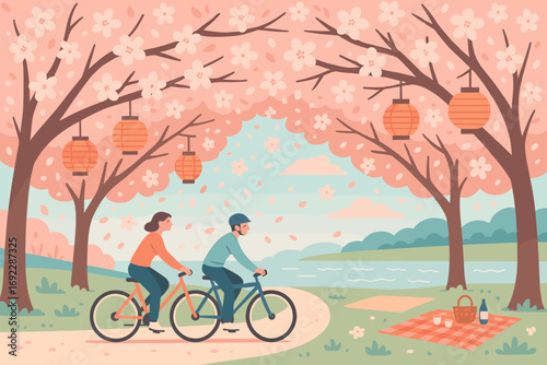 Couple biking under cherry blossom trees with picnic setup by the riverside during spring