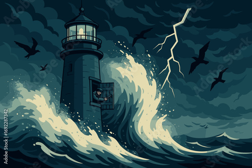 Lighthouse keeper securing window during violent ocean storm with lightning and crashing waves
