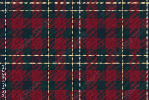Seamless red and navy blue tartan plaid pattern with cream accents for textile and design