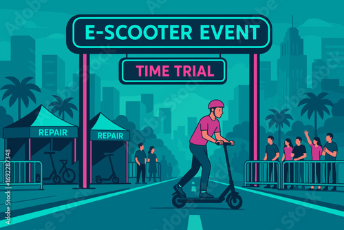 E-scooter event time trial with participants racing, repair tents, and spectators in the city
