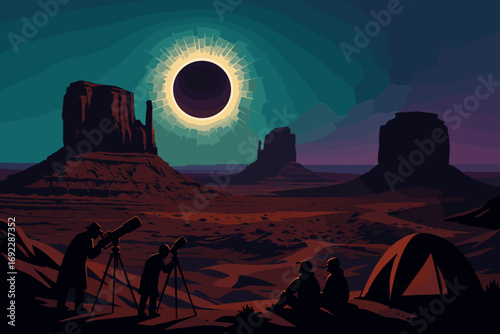Desert eclipse viewing scene with astronomers using telescopes and a group watching the solar eclipse