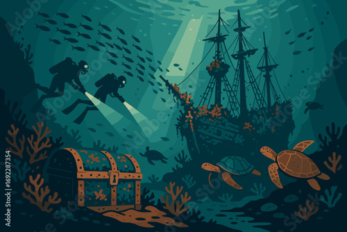 Scuba divers discovering treasure chest and ancient pirate shipwreck underwater with sea turtles and fish