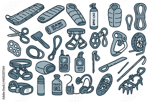 Hand-drawn mountaineering and wilderness survival gear icon set featuring climbing equipment, tools, and safety supplies
