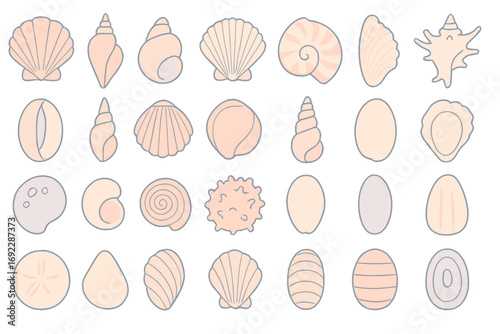 Hand-drawn collection of seashell and ocean-themed icons in soft pastel colors