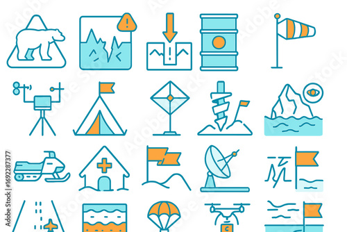 Arctic exploration and wilderness safety icon set with environmental hazards, survival gear, rescue tools, and weather monitoring symbols