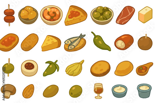 Hand-drawn Spanish tapas and appetizer icon set featuring traditional snacks, olives, cheese, seafood, and dips on a warm gradient background